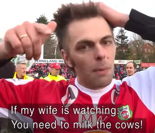 Bryne FK fan asks his wife to milk the cows so he can go to the pub to celebrate
