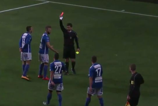 Norrby's Medi Dresevic is sent off for cheering his goal from the stands after scoring a hat-trick in their 6-1 win over Tvååkers in Sweden's Division 1