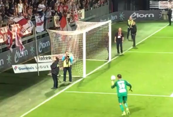 Nancy goalkeeper Geoffrey Jourdren kicks ball at Brest fans following his side's 2-1 defeat