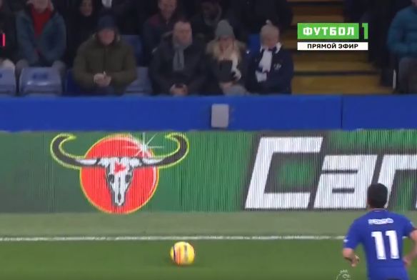 Swansea's Renato Sanches passes to a Carabao Energy Drink logo at Stamford Bridge during a 1-0 loss to Chelsea