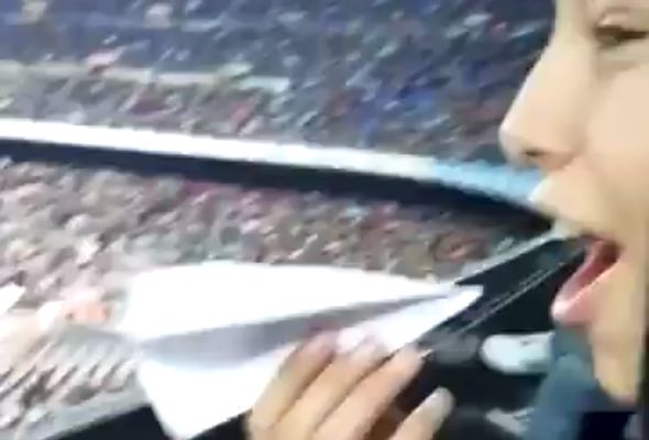 Fan throws paper aeroplane that hit another fan in the face at Barcelona vs Real Murcia