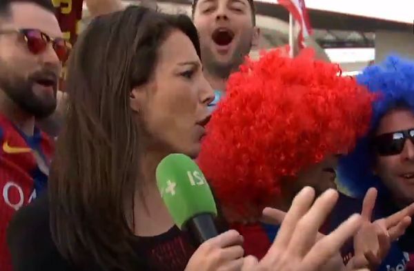 Barcelona fans overwhelm Canal Plus reporter Marina Lorenzo