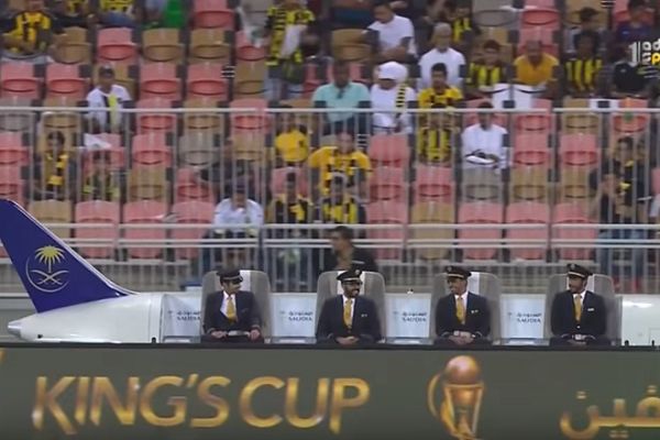 Pilots sit on a miniature plane that tracks the ball in Saudi Arabian Kings Cup final