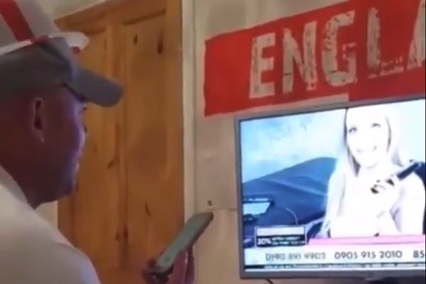 An England fan calls a Babetstation-style programme on an adult TV channel to tell the model it's coming home and play Three Lions down the phone