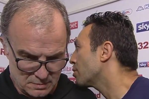 Leeds manager Marcelo Bielsa speaking to Sky Sports with a translator