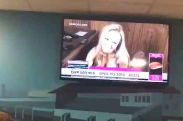 A clubhouse TV at Bristol Rovers shows Babestation at half time of 2-1 Carabao Cup win over Crawley Town