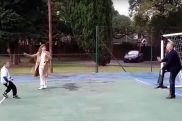 President of Argentina Mauricio Macri is hit in the nuts by a child's penalty