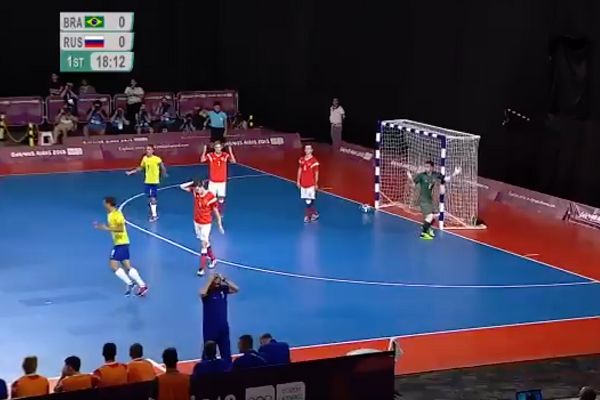 Russia’s Danil Karpuik scores an own goal in the Youth Olympics futsal final