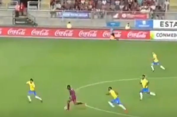 Venezuela U20 forward Jan Hurtado takes on Brazil defence, prompting commentator to mimic Formula 1 car engine noises