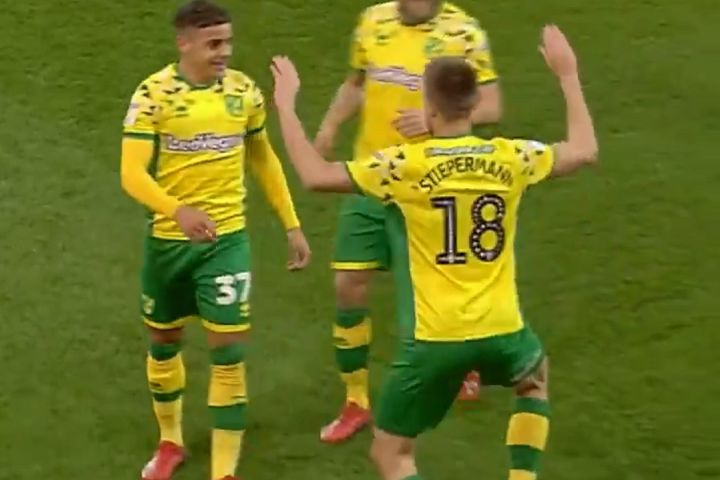 Marco Stiepermann does a crab goal celebration after scoring for Norwich against Hull