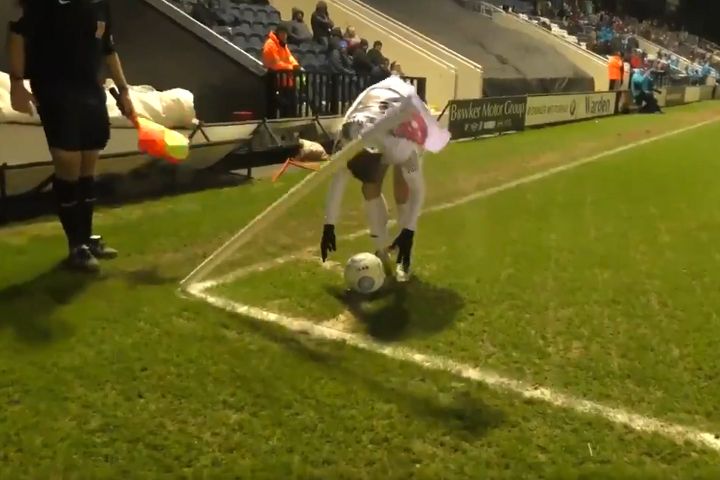 Storm Gareth wind blows the ball away before a corner kick at Fylde