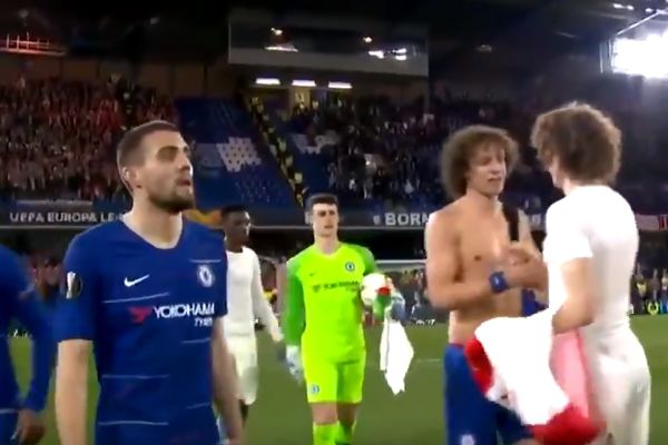 David Luiz hugs his lookalike Alex Král following Chelsea v Slavia Prague