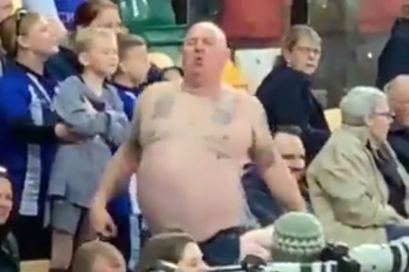 Shirtless Sheffield Wednesday fan with big belly at 2-2 draw in Norwich