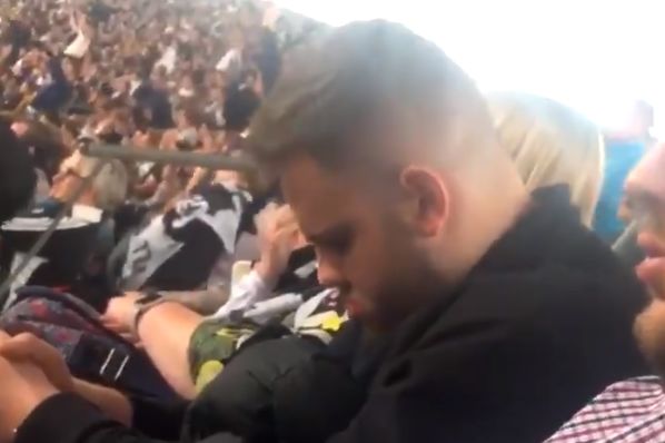 Derby County fan asleep at Wembley, only to spring back to life to join in with "stand up if you hate Forest" chant