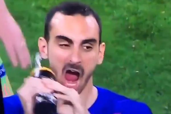 Chelsea's Davide Zappacosta misses when trying to squirt water into his mouth from a bottle