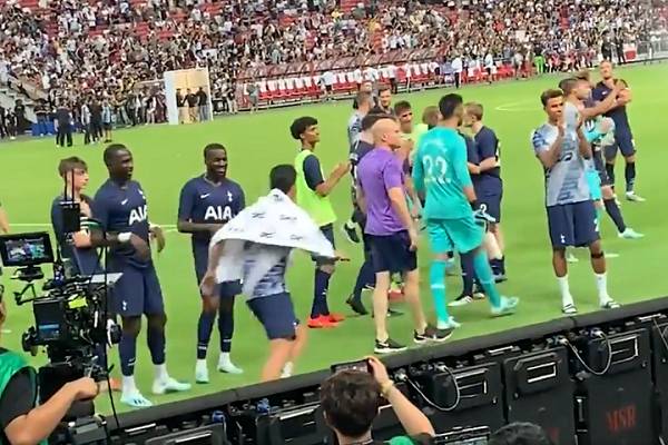 Son Heung-min pretends to be a pitch invader after Juventus 2-3 Spurs in the International Champions Cup in Singapore
