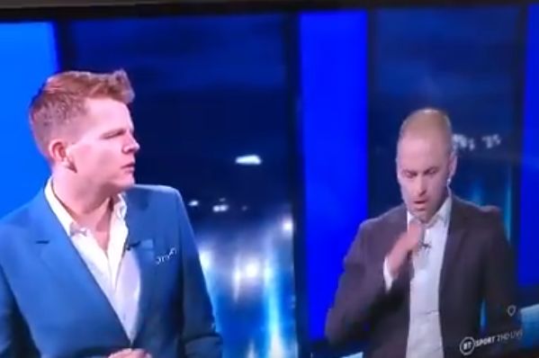 Joe Cole forgets he's not holding a microphone while appearing as a pundit on BT Sport's coverage of Liverpool vs Chelsea in the Super Cup