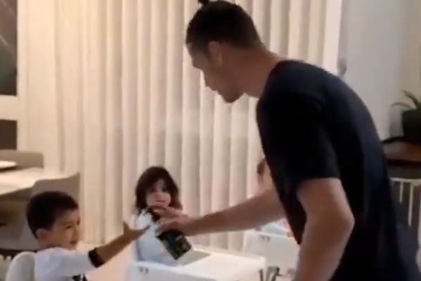 Juventus star Cristiano Ronaldo teaches his kids to use hand sanitiser
