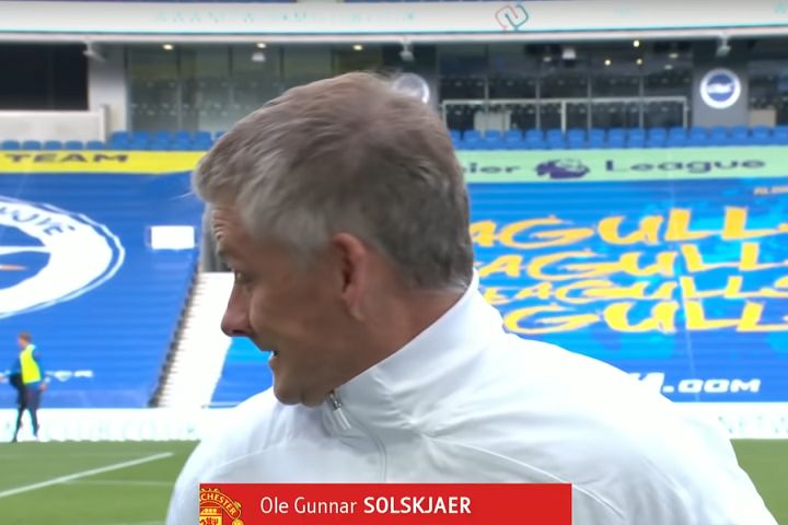 Sponsor board falls down behind Ole Gunnar Solskjær in Man Utd manager's post-match interview at Brighton