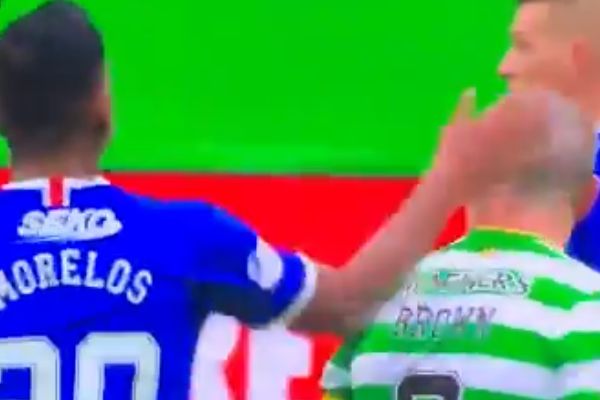 Alfredo Morelos slaps Scott Brown's head during Celtic 0-2 Rangers