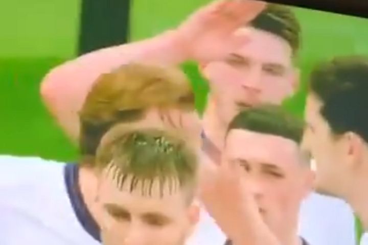 Declan Rice is left hanging as England players celebrate goal against Albania